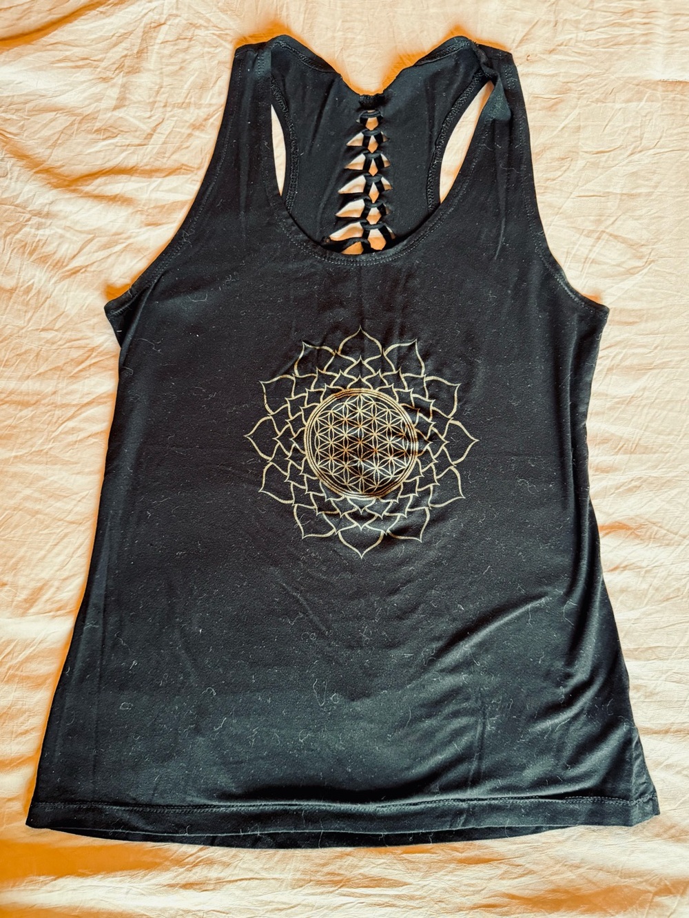 Black Racerback Tank Top with Geometric Gold Mandala